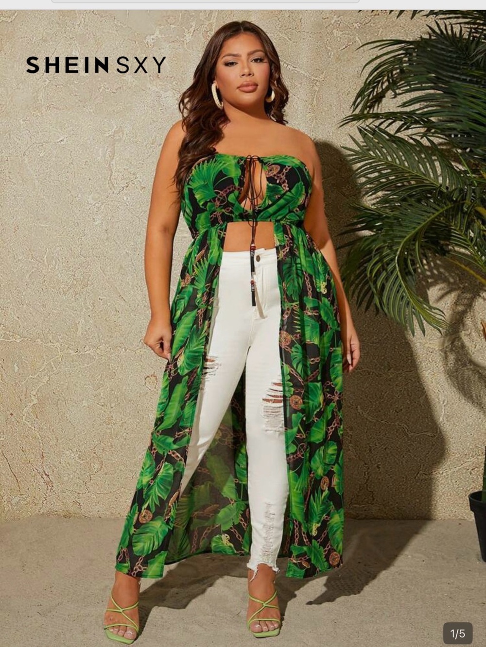 SHEIN Green Tropical Leaf Tie-Front Sheer Maxi Cover-Up